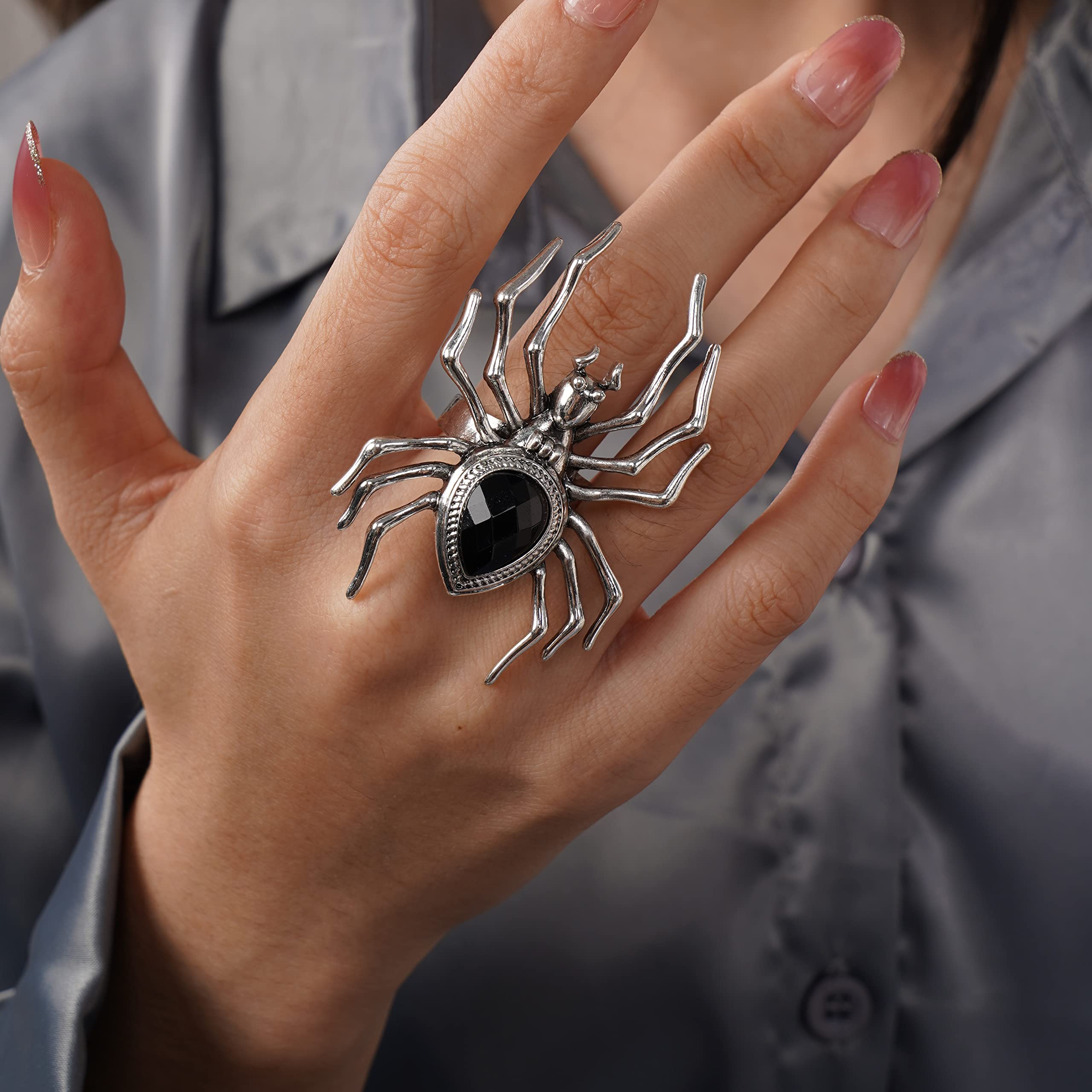 YERTTER Punk Grunge Silver Black Spider Ring Halloween Speacial Statement Ring Oversized Exaggrated Ring Costume Party Gift for Teens