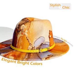 Gossifan Tie-dye Wide Brim Fedora Hats for Women Multicolor Felt Panama Hat Olive Yellow