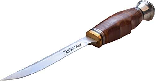 Elk Ridge - Outdoors OUTSKIRT Fixed Blade Knife - 7.0-in Overall, Satin Finish Stainless Steel Skinner Blade, Stacked Leather Handle, Includes Leather Sheath, Hunting, Camping, EDC - ER-200-31LBR