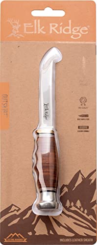 Elk Ridge - Outdoors OUTSKIRT Fixed Blade Knife - 7.0-in Overall, Satin Finish Stainless Steel Skinner Blade, Stacked Leather Handle, Includes Leather Sheath, Hunting, Camping, EDC - ER-200-31LBR