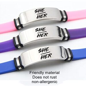 KBNSUIAN Adjustable She Her Pronouns Silicone Bracelet for Adults Kids, Nonbinary NB Pride Genderqueer Gender Identity LGBTQ Wristband for Female Women Girls Hers Pronouns Jewelry, Purple