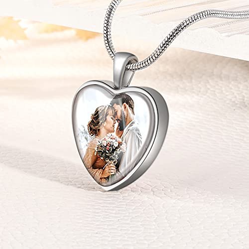 Farfume Custom Picture Necklace Personalized Memorial Photo Heart Shape Pendant Stereoscopic Design Jewelry For Woman(Heart Silver)