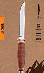 Elk Ridge - Outdoors OUTSKIRT Fixed Blade Knife - 7.0-in Overall, Satin Finish Stainless Steel Skinner Blade, Stacked Leather Handle, Includes Leather Sheath, Hunting, Camping, EDC - ER-200-31LBR