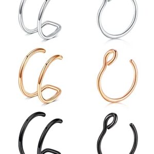 Briana Williams Fake Nose Rings Hoop Nose Cuff Non Piercing Double Fake Nose Ring Faux Clip On Nose Lip Ear Hoop Rings Non-Pierced Body Jewelry for Women Men