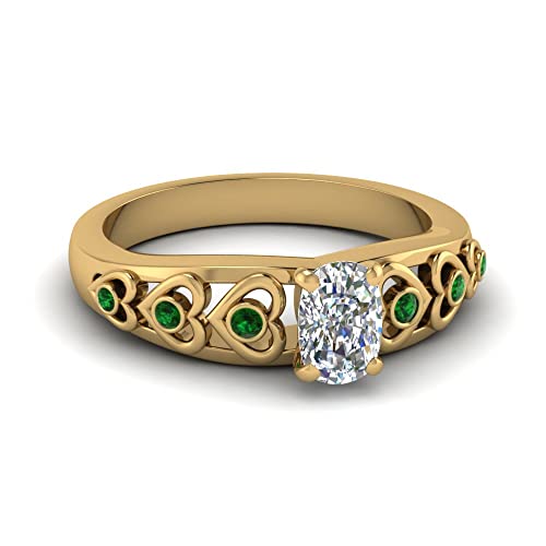 55Carat Heart Design Diamond Accent Ring yellow gold plated Created Emerald Cushion shape Green color Side Stone Engagement Rings bezel Setting in Size 8 Handcraft Chakra Healing