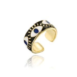 tkmira evil eye ring for women gold colorful enamel chunky rings adjustable statement aesthetic rings protection jewelry (black)