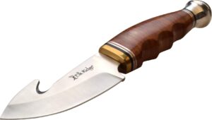 elk ridge - outdoors outskirt fixed blade knife - 8.25-in overall, satin finish stainless steel gut hook blade, stacked leather handle, includes leather sheath, hunting, camping, edc - er-200-29lbr