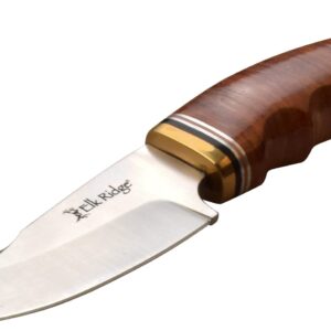 Elk Ridge - Outdoors OUTSKIRT Fixed Blade Knife - 8.25-in Overall, Satin Finish Stainless Steel Gut Hook Blade, Stacked Leather Handle, Includes Leather Sheath, Hunting, Camping, EDC - ER-200-29LBR