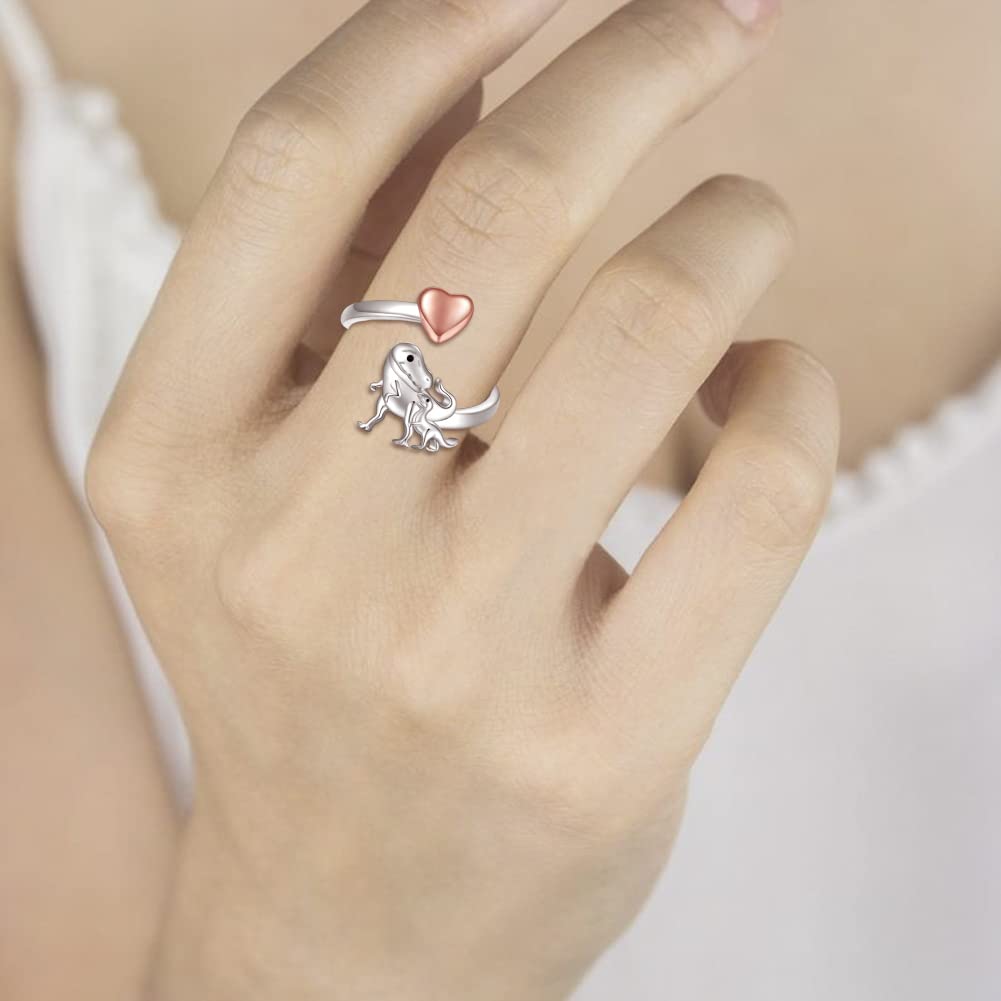 Sterling Silver Dinosaur Elephant Ring for Women: Always with You Mother Heart Adjustable Ring Jewelry Mother's Day Birthday Gift from Daughter Son (Dinosaur)