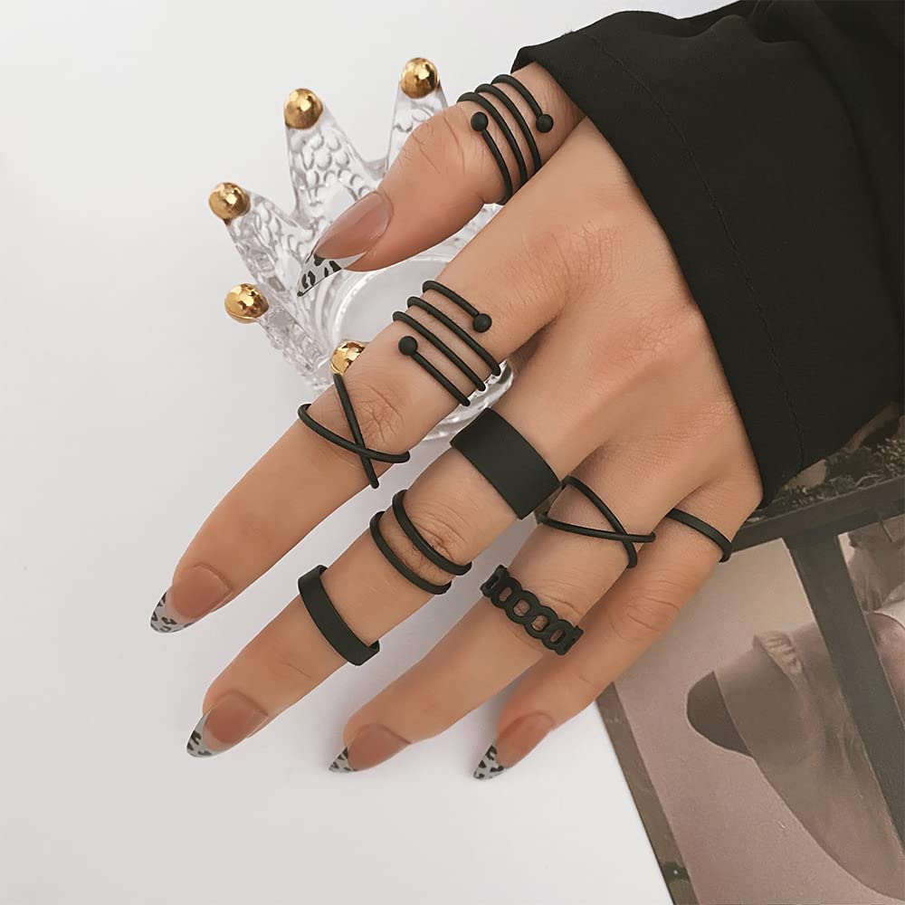 Black Rings for Women Boho Black Stackable MIDI Rings Vintage Knuckle Finger Ring Pack (C)