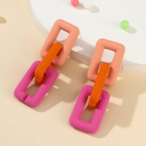 Chunky Acrylic Link Earrings Multicolor Thick Rectangle Paperclip Link Chain Earrings Rainbow Resin Geometric Paperclip Chain Ear Drop Dangle Earrings for Women Funky Jewelry (J pink orange rose)