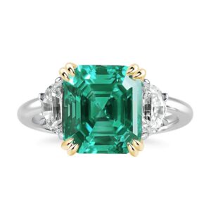 Effinny 4.5ct Women's Two-Tone Emerald Engagement Ring,Asscher Cut Green Paraiba Tourmaline Three Stone Promise Ring in 925 Sterling Silver(Size:8)