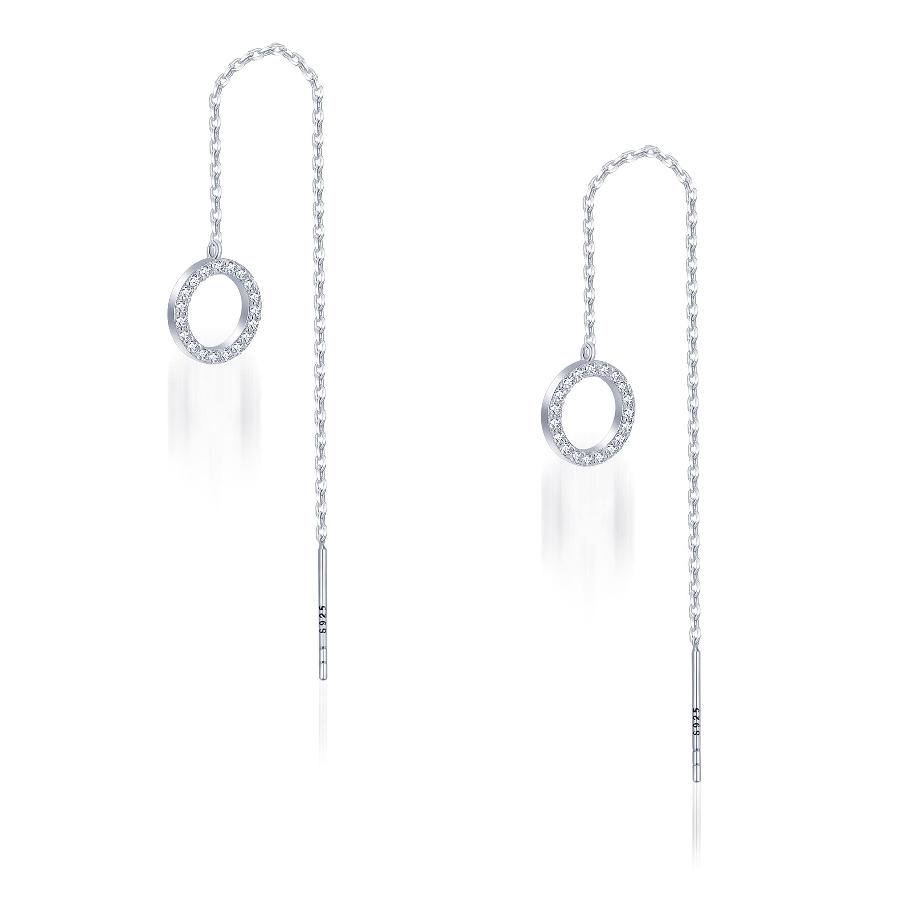 Cowlyn A Pair 925 Sterling Silver Earrings Tassel Threader Long Chain Ear Line Round Cubic Zirconia Drop Dangle Hypoallergenic Jewelry for Women