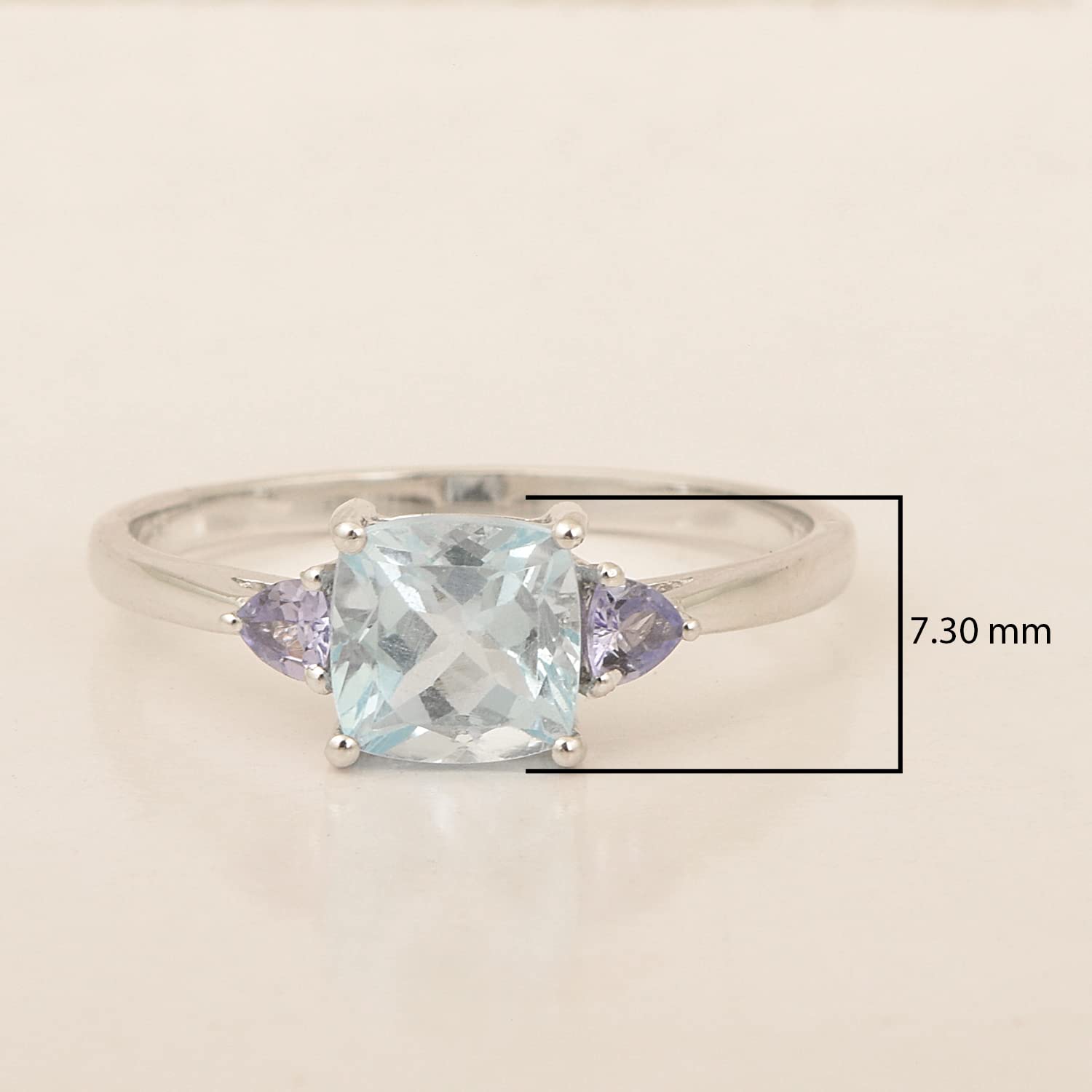 MOONEYE 7MM Cushion Cut Aquamarine Trillion Tanzanite Gemstone 925 Sterling Silver Three Stone Ring (Silver, 10)