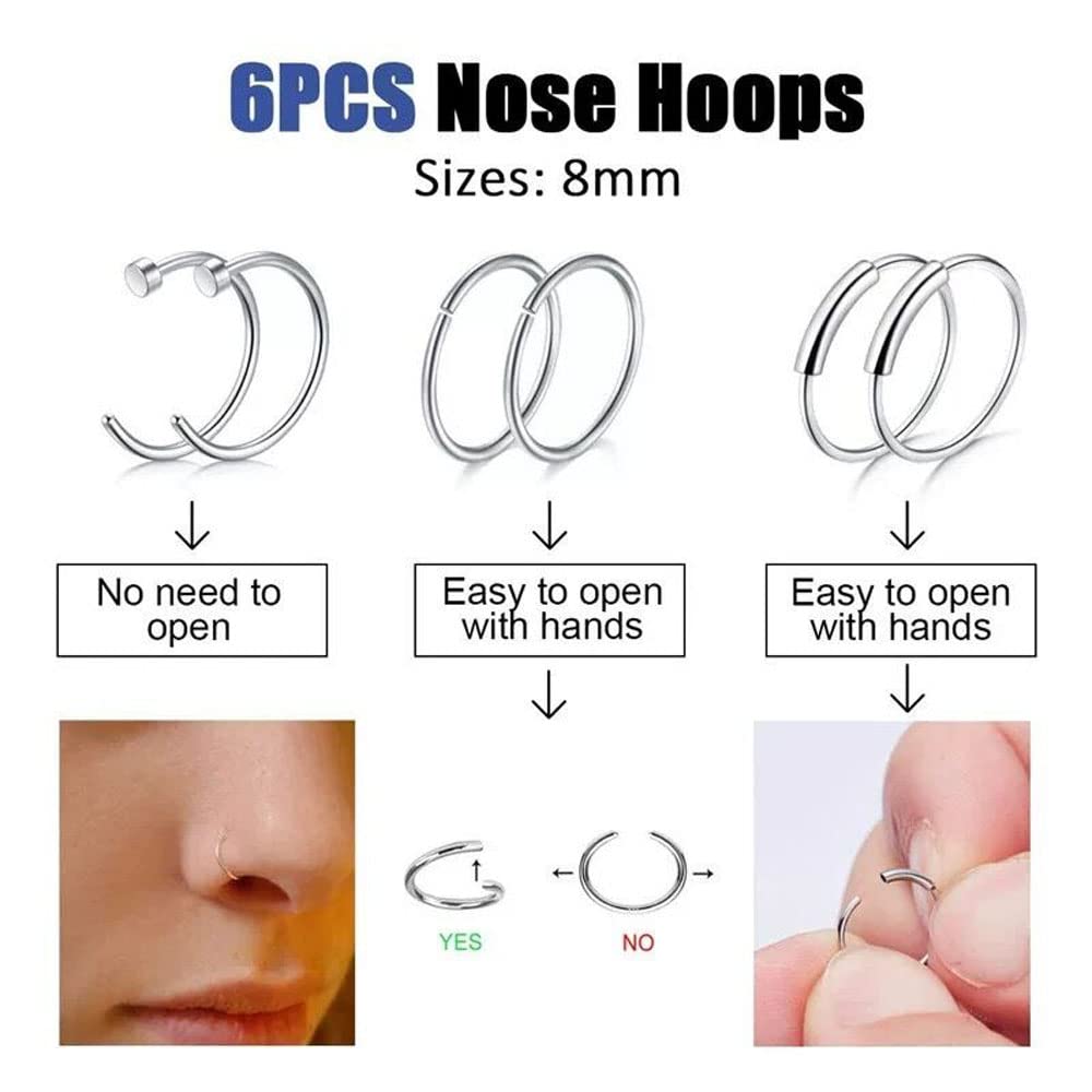 Piercingpops 24Pcs Surgical Stainless Steel Mixed Nose Stud Nose Ring Hoop Cartilage Earrings Nose Piercing Body Jewelry for Women Men Set (A:24PCS - Silver（Nose Screws Style）)