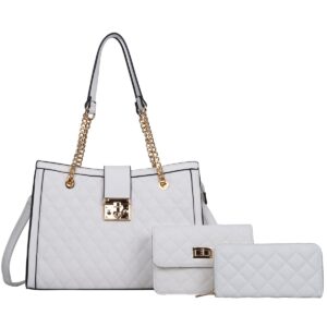 Fashion Handbags for Women Leather Satchel Purses Set Quilted Tote Shoulder Bag for work/gift (8691-White)