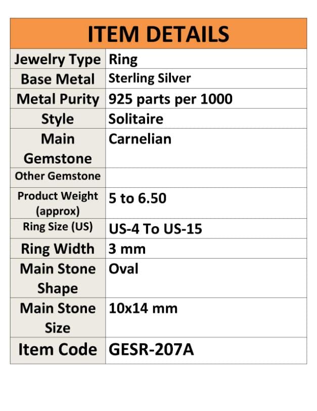 Goyal Jewels Carnelian Oval Shape Gemstone 925 Sterling Silver Stone Band Ring All Size Beautiful Ring Handmade Jewelry Ring GESR207A (US-13.5)