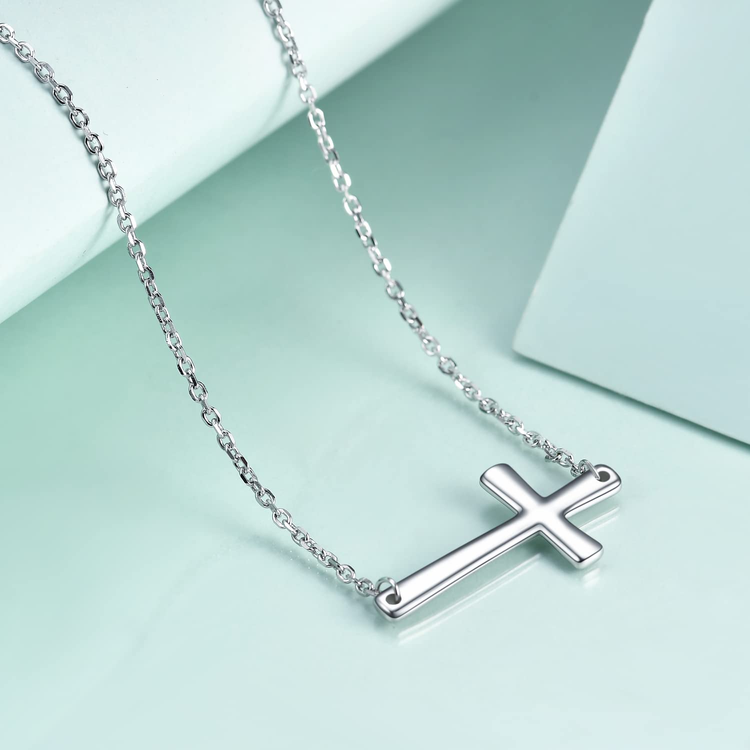 Rnivida Sterling Silver Sideways Cross Necklace Horizontal Side Cross Pendant Necklace for Women,18" ~ 20"