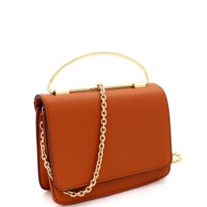 classy small mini metal top-handle flap simple minimalist satchel clutch purse crossbody bag (tan)