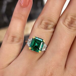 Effinny 4.5ct Women's Two-Tone Emerald Engagement Ring,Asscher Cut Green Paraiba Tourmaline Three Stone Promise Ring in 925 Sterling Silver(Size:8)