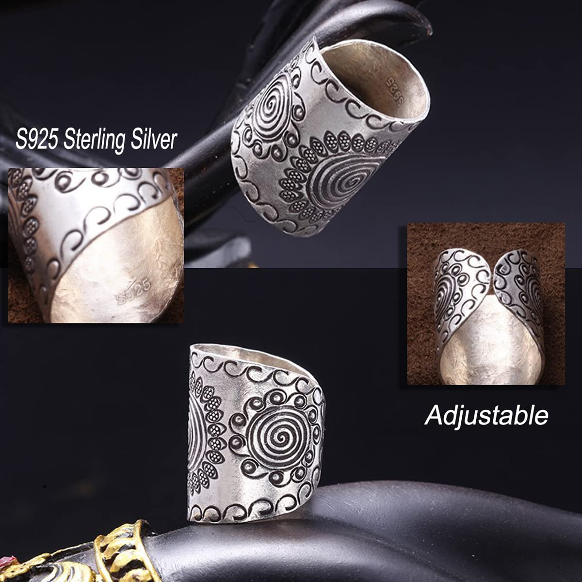 S925 Sterling Silver Retro Vintage Antique Boho Full Finger Wide Bands Ring for Women,Open Adjust Adjustable National Style Sun Flower Floral Pattern Engraved Thumb Index Finger Ring Boho Jewelry (Ring_A, Adjustable)