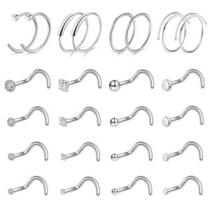 Piercingpops 24Pcs Surgical Stainless Steel Mixed Nose Stud Nose Ring Hoop Cartilage Earrings Nose Piercing Body Jewelry for Women Men Set (A:24PCS - Silver（Nose Screws Style）)