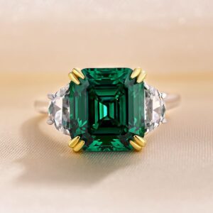 Effinny 4.5ct Women's Two-Tone Emerald Engagement Ring,Asscher Cut Green Paraiba Tourmaline Three Stone Promise Ring in 925 Sterling Silver(Size:8)