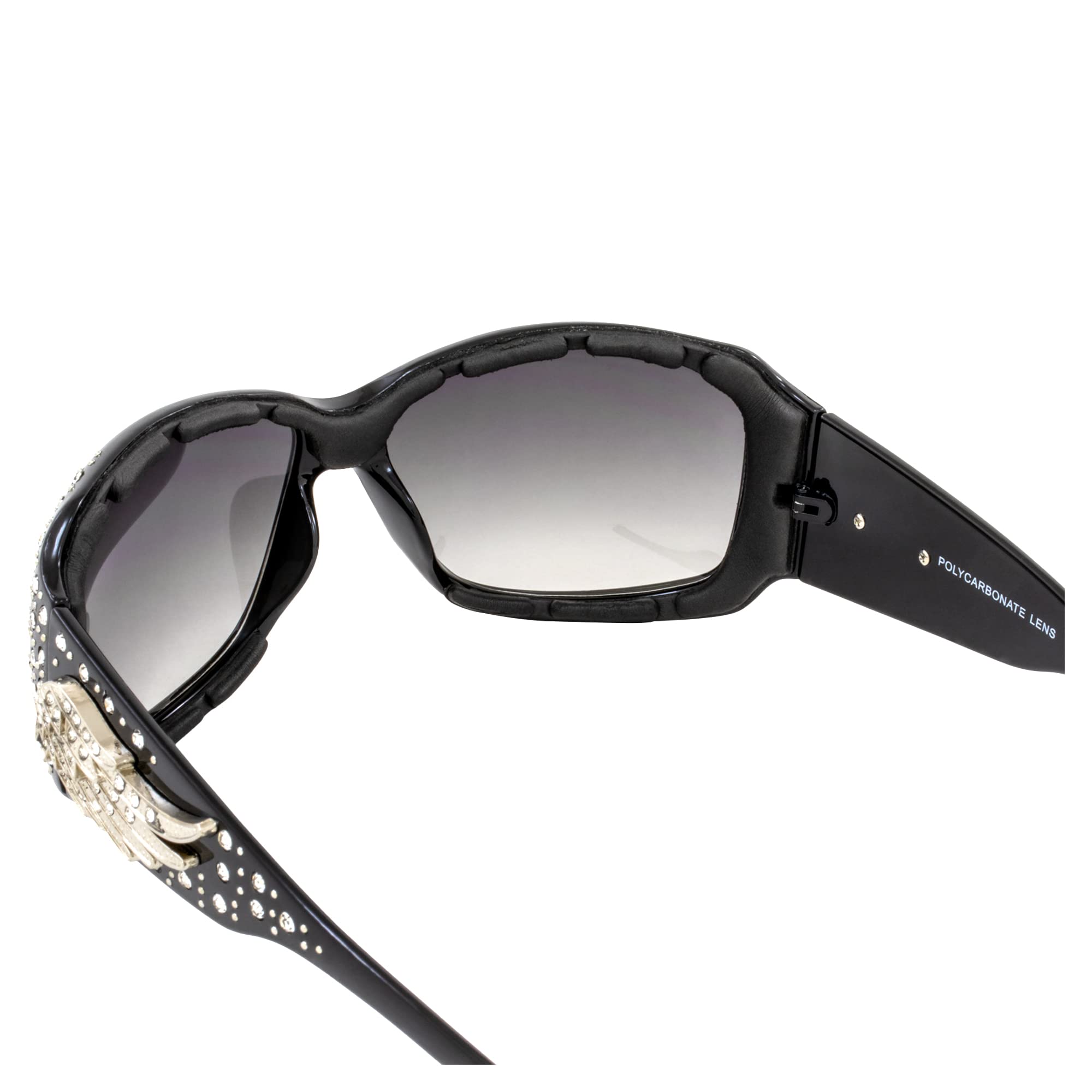 Rodeo Queen Angel Padded Motorcycle Bling Sunglasses for Women Black Frame w/Bling Rhinestones & Smoke Gradient Lens