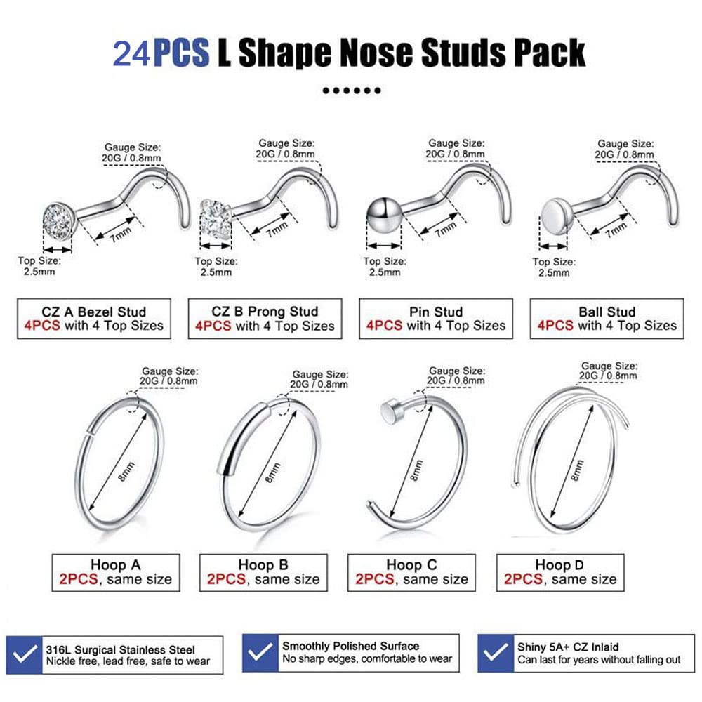 Piercingpops 24Pcs Surgical Stainless Steel Mixed Nose Stud Nose Ring Hoop Cartilage Earrings Nose Piercing Body Jewelry for Women Men Set (A:24PCS - Silver（Nose Screws Style）)