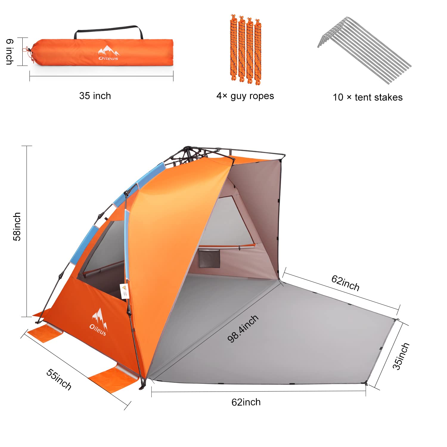 Oileus XX-Large Beach Tent Sun Shelter for 5-6 Person Portable Sun Shade Instant Pop Up Tent for Beach with Carrying Bag, Stakes, 6 Sand Pockets, Anti UV for Fishing Hiking Camping, Waterproof