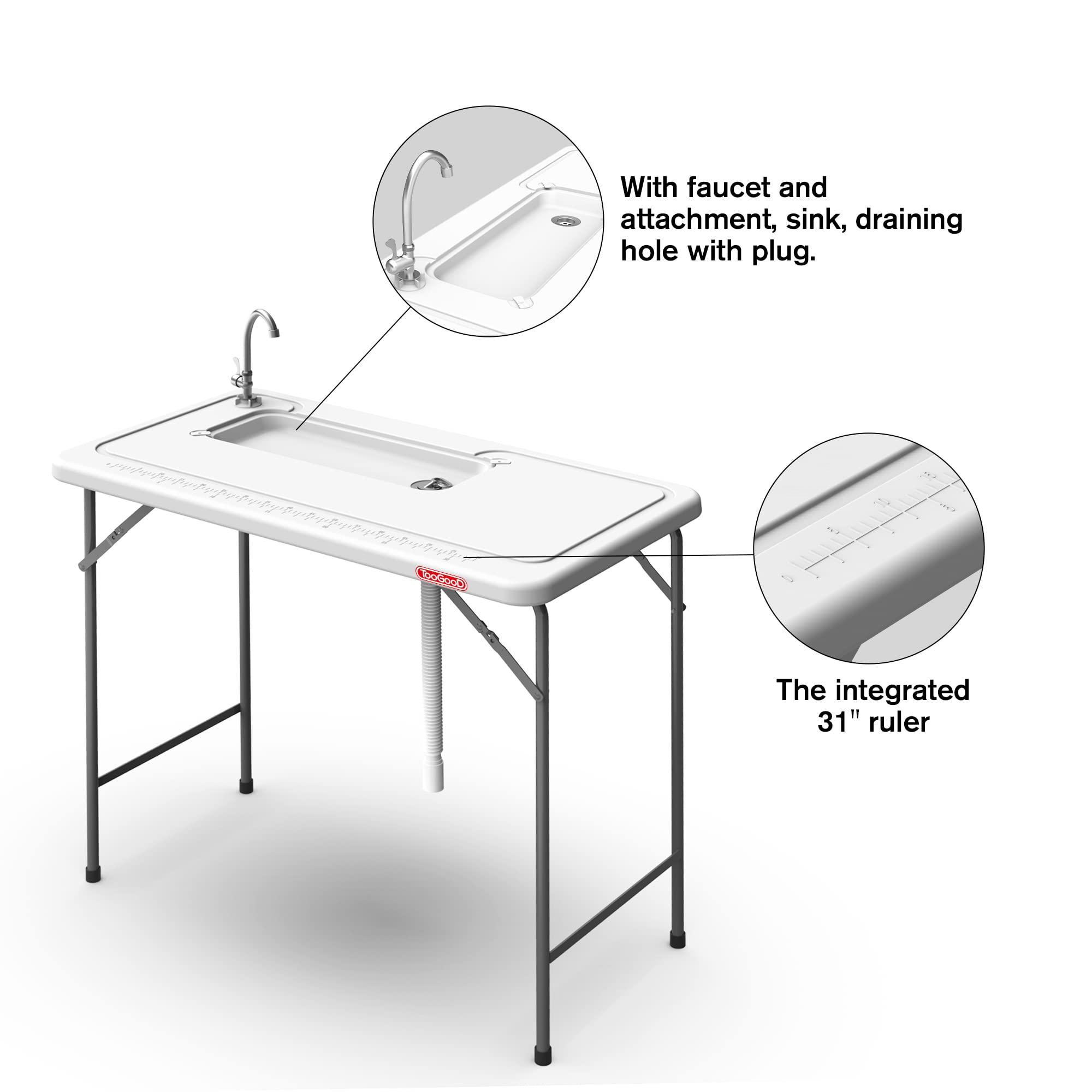 TooGooD Folding Fish Cleaning Table with Sink, Portable Camping Dish Washing Station w/ 31' Ruler Integrated