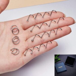 Piercingpops 24Pcs Surgical Stainless Steel Mixed Nose Stud Nose Ring Hoop Cartilage Earrings Nose Piercing Body Jewelry for Women Men Set (A:24PCS - Silver（Nose Screws Style）)