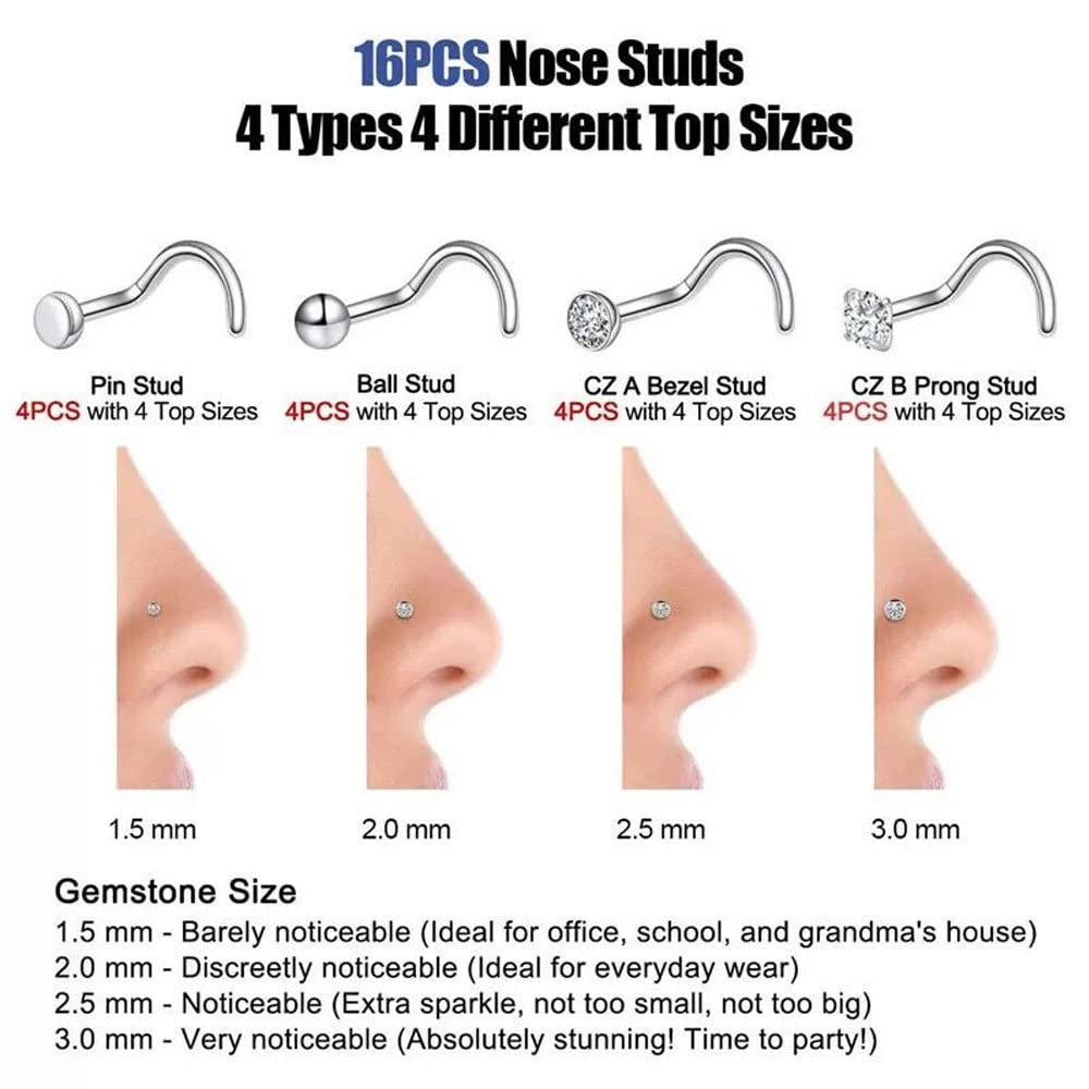 Piercingpops 24Pcs Surgical Stainless Steel Mixed Nose Stud Nose Ring Hoop Cartilage Earrings Nose Piercing Body Jewelry for Women Men Set (A:24PCS - Silver（Nose Screws Style）)