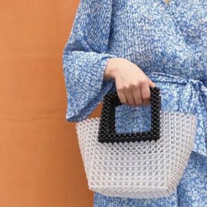 Abvokury YUSHINY Women Macaron Colored Acrylic Beaded Tote Handmade Bags for Wedding Evening Party (White&Black)