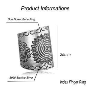 S925 Sterling Silver Retro Vintage Antique Boho Full Finger Wide Bands Ring for Women,Open Adjust Adjustable National Style Sun Flower Floral Pattern Engraved Thumb Index Finger Ring Boho Jewelry (Ring_A, Adjustable)