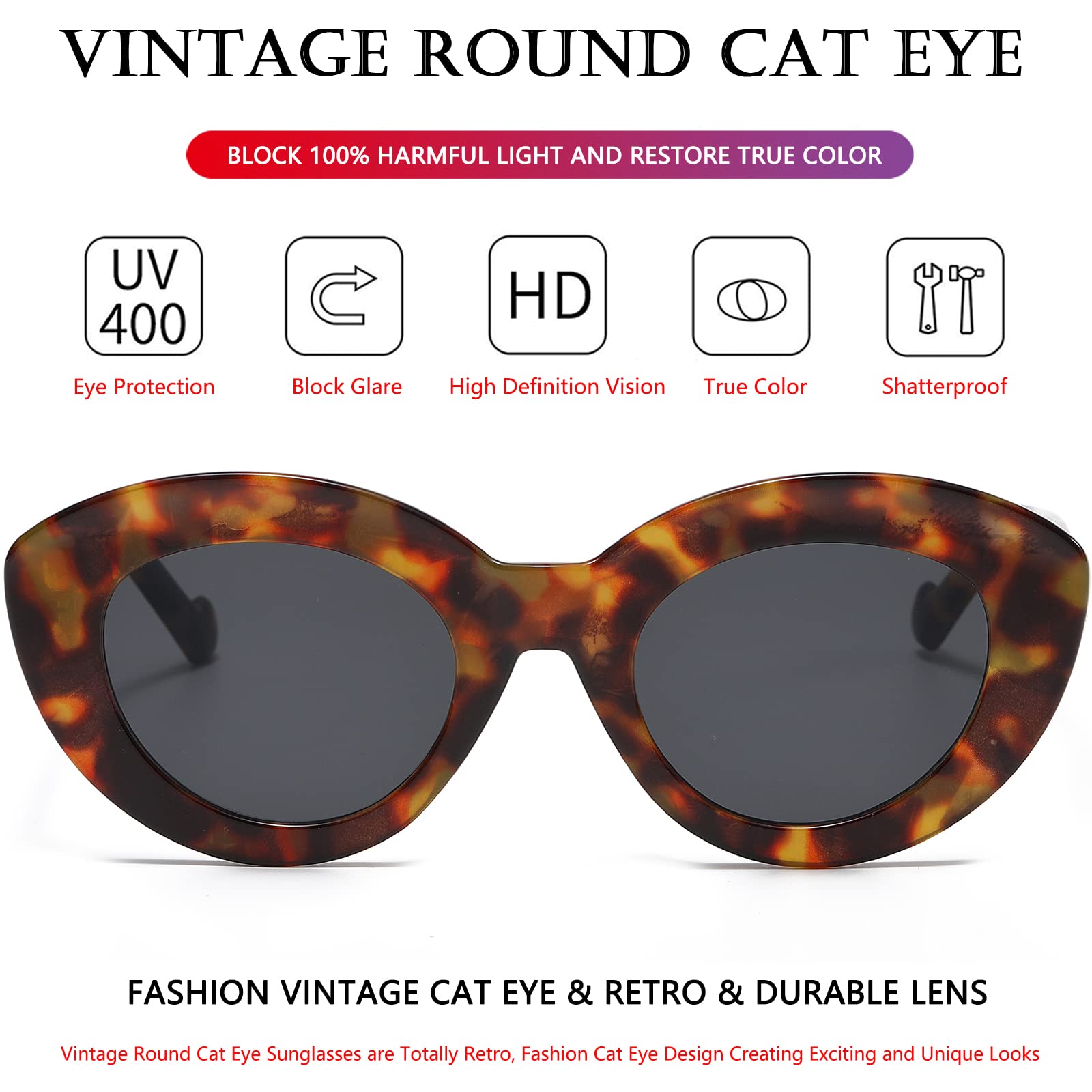 AIEYEZO Oversized Cat Eye Sunglasses for Women Cute Oval Thick Frame Cateye Sun Glasses Chic Retro Style Shades (Tortoise)