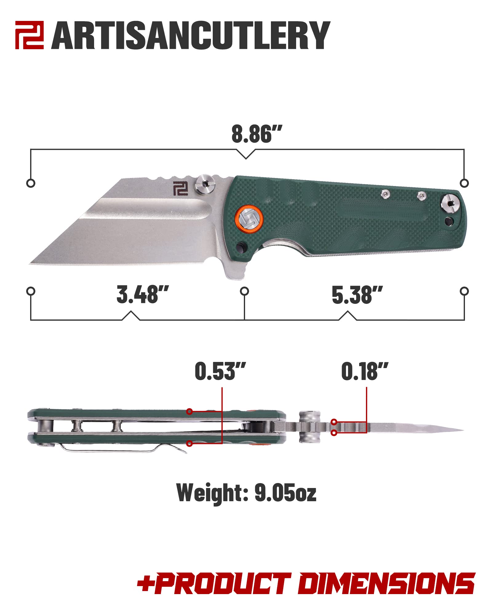 ARTISANCUTLERY Tactical Knife Proponent Folding Knife D2 Steel Blade with G10 Handle Fixed Blade EDC Knife for Hunting,Camping and Outdoor 1820P Green