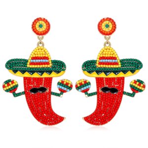 Cinco De Mayo Earrings for Women Colorful Beaded Fiesta Chill Dangle Earrings Statement Letter Drop Earrings Mexican Festival Jewelry Gifts (Chili)