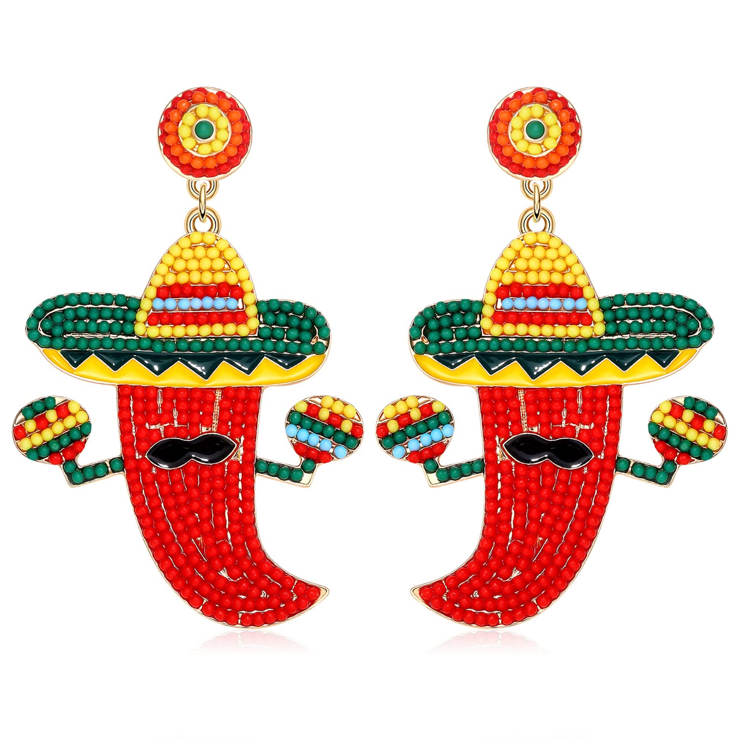 Cinco De Mayo Earrings for Women Colorful Beaded Fiesta Chill Dangle Earrings Statement Letter Drop Earrings Mexican Festival Jewelry Gifts (Chili)