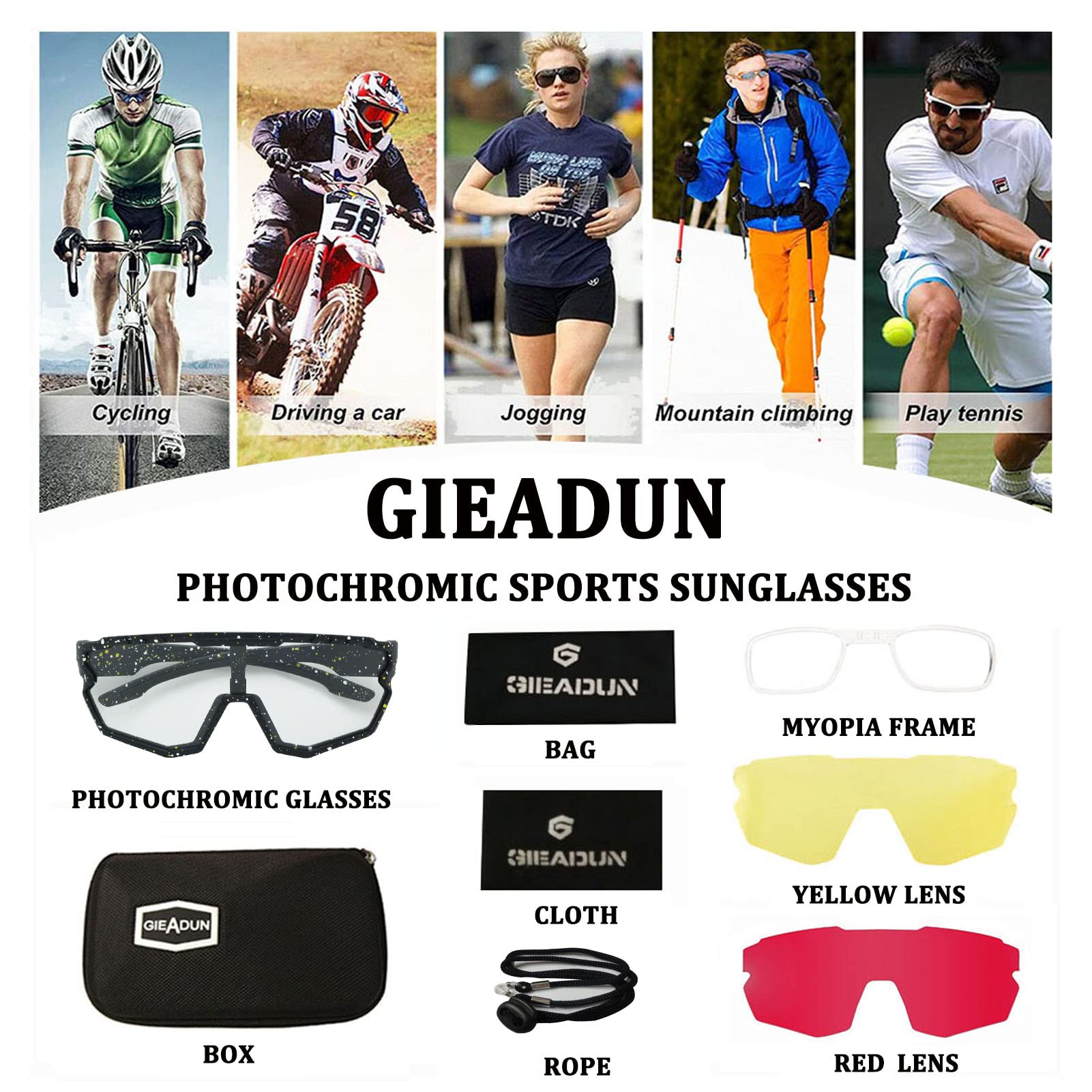 SportsSunglasses PhotochromicCyclingGlasses 3 lenses Cycling, Baseball,Fishing, Ski Running,Golf (Black)