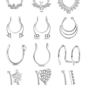 ZZHDCC Silver Fake Septum Fake Nose Rings For Women Surgical Steel Nose Cuffs For Non Pierced Nose Rings Hoops Fake Lip Rings Non Piercing Septum Rings Clip On Heart Faux Piercing Jewelry