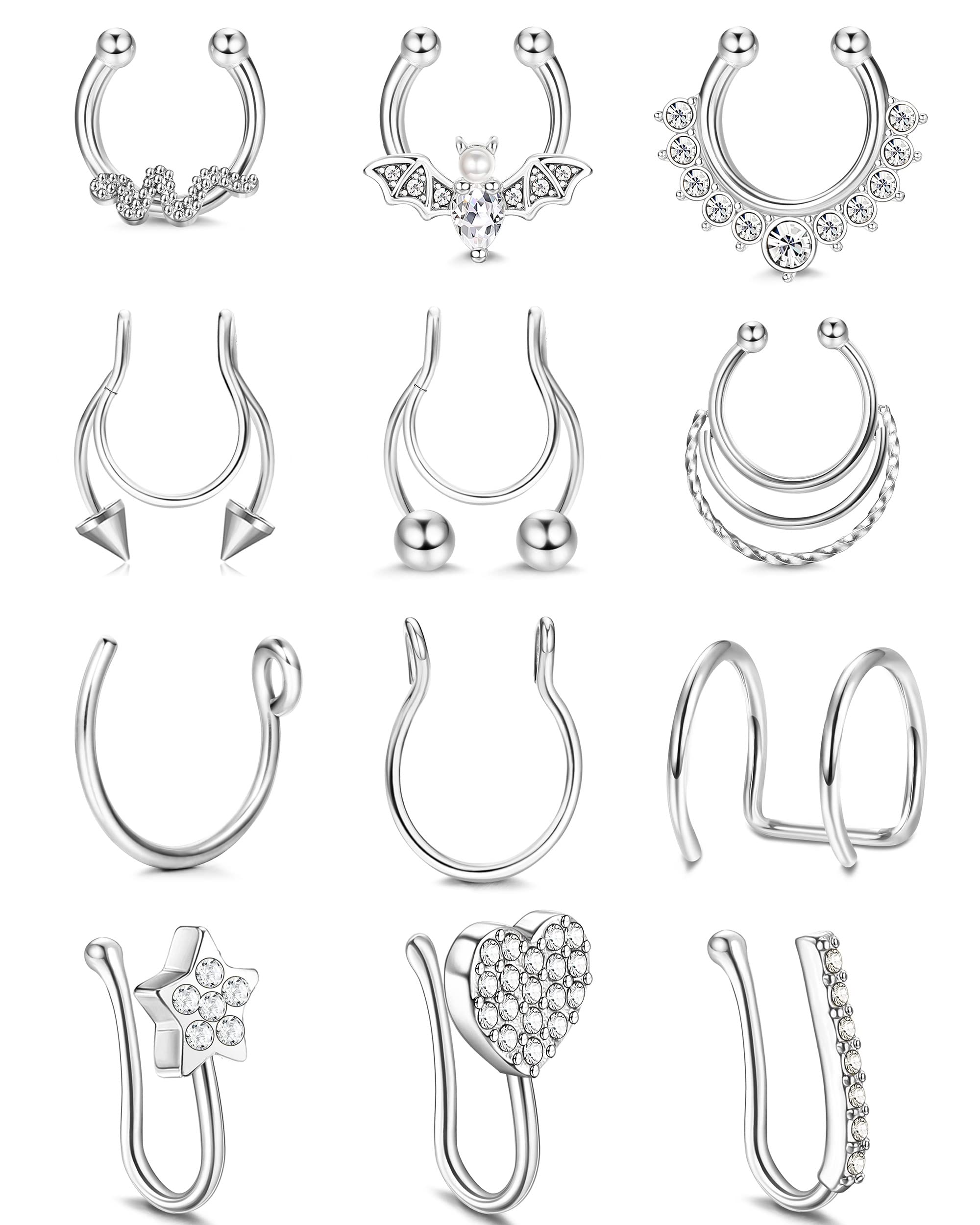 ZZHDCC Silver Fake Septum Fake Nose Rings For Women Surgical Steel Nose Cuffs For Non Pierced Nose Rings Hoops Fake Lip Rings Non Piercing Septum Rings Clip On Heart Faux Piercing Jewelry