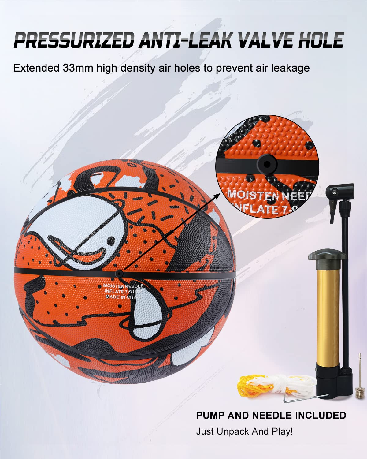 SQUAD Graffiti Basketball Size 7 (29.5"), Durable Rubber Basketball Ball for Indoor & Outdoor Play, includes Pump & Mesh Bag