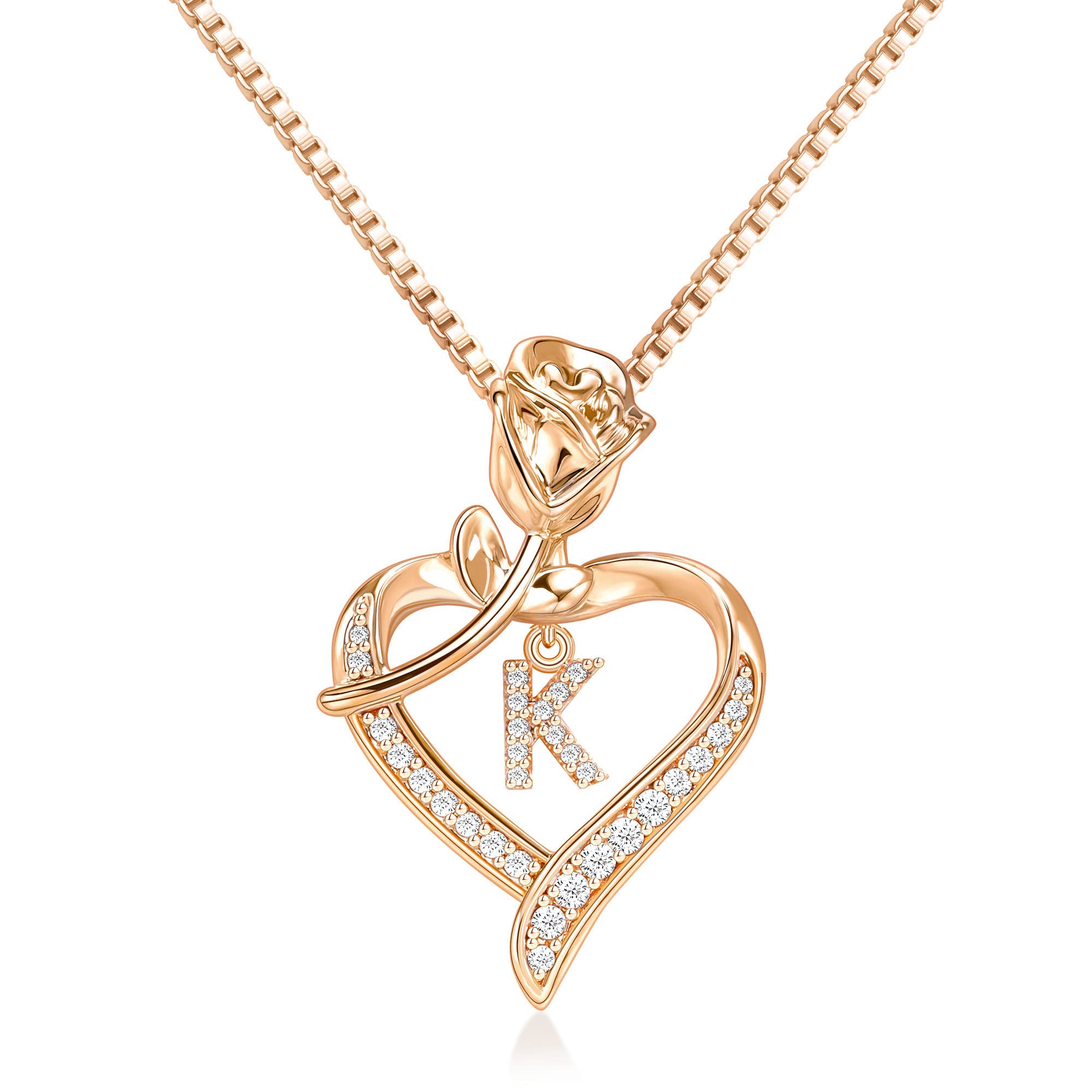 JSJOY Initial Necklaces for Women Letter K Necklace Initial Rose Flower Heart Necklace for Mom Daughter Birthday Jewelry Gifts Stocking Stuffers for Teens