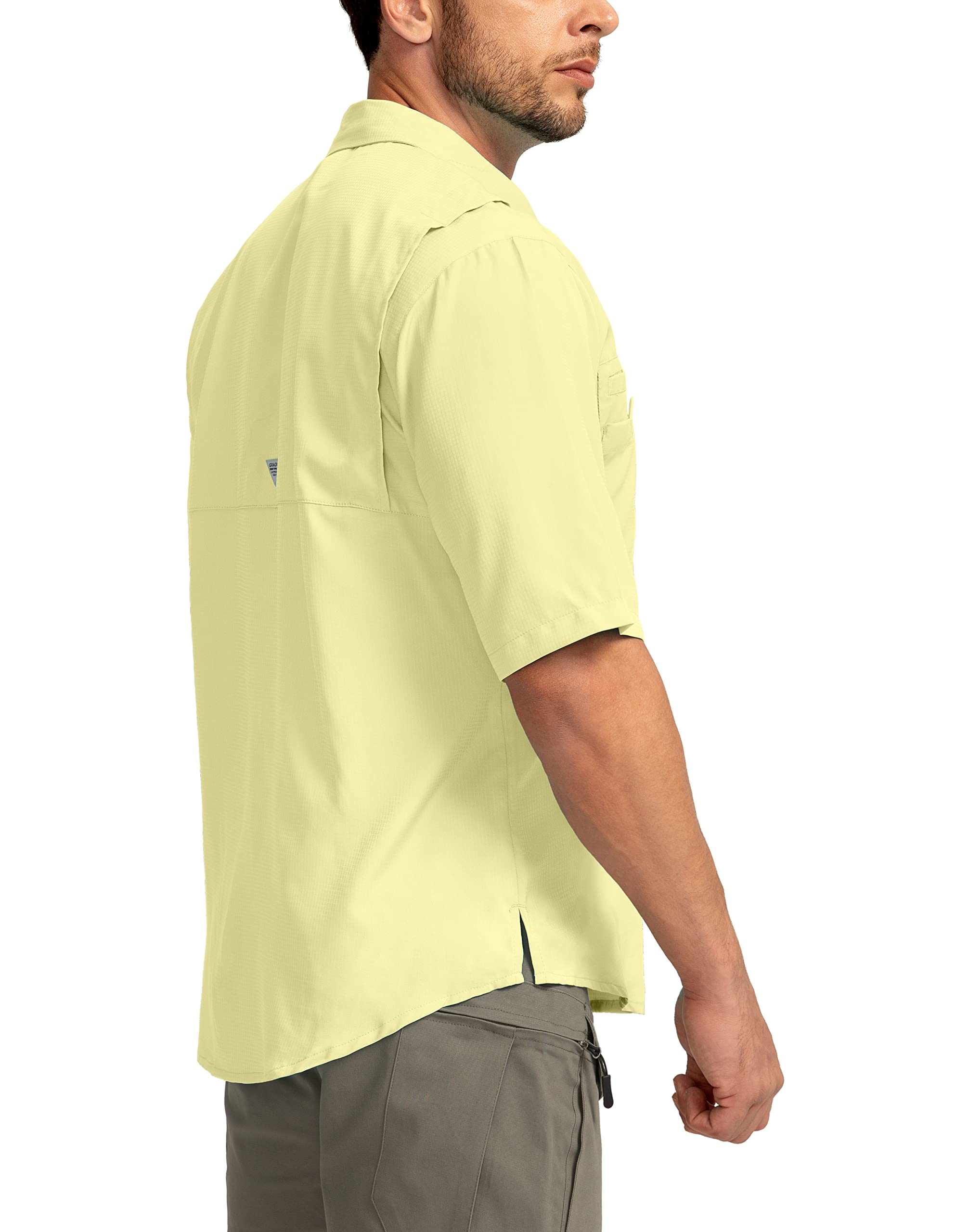 Men's Fishing Shirts with Zipper Pockets UPF 50+ Lightweight Cool Short Sleeve Button Down Shirts for Men Casual Hiking(Sunlit, Large)