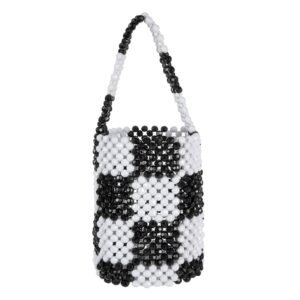 yushiny women acrylic diamond beaded mixed color chequered clutch bucket evening handbag for wedding party (black&white)