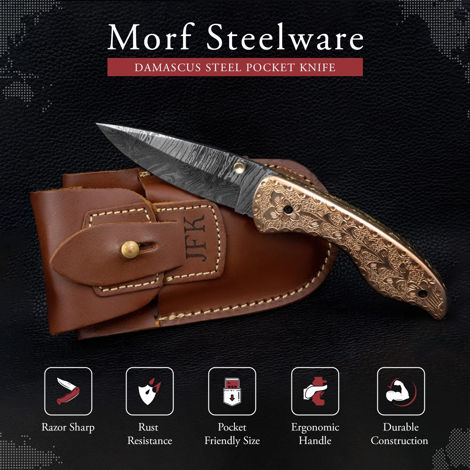 Morf Steelware Personalized Sheath 7.5 inch Hand Forged Copper Handle Damascus Pocket Knife for Men, Camping & Hunting Folding Knife, Handmade Damascus Steel Hunting Knife