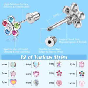 BESTEEL 12 Pairs Hypoallergenic Screw Back Earrings for Girls Women CZ Ball Surgical Stainless Steel Stud Earrings Set Cute Star Flower Screwback Earrings Mix Age: over 3 years old