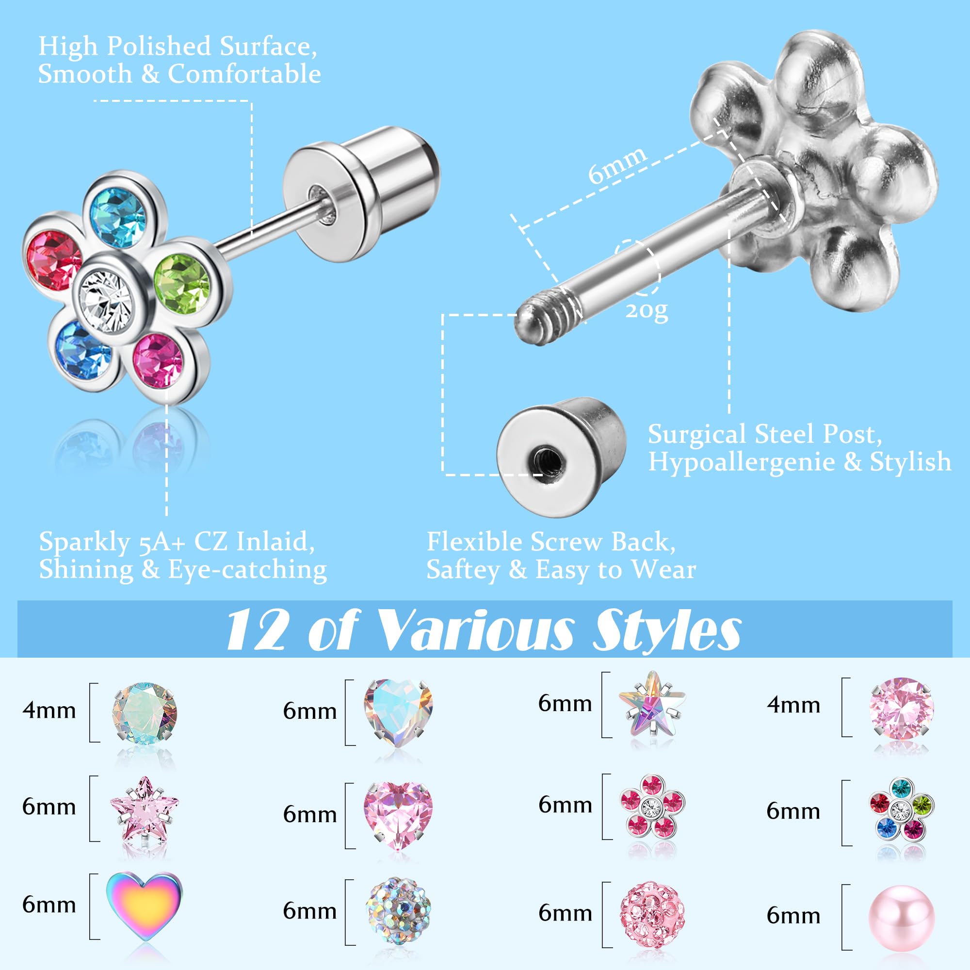 BESTEEL 12 Pairs Hypoallergenic Screw Back Earrings for Girls Women CZ Ball Surgical Stainless Steel Stud Earrings Set Cute Star Flower Screwback Earrings Mix Age: over 3 years old