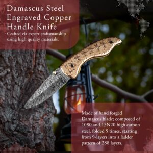 Morf Steelware Personalized Sheath 7.5 inch Hand Forged Copper Handle Damascus Pocket Knife for Men, Camping & Hunting Folding Knife, Handmade Damascus Steel Hunting Knife